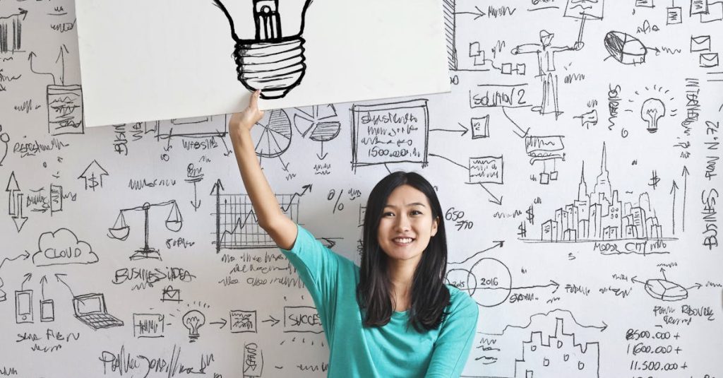 Young woman holds a light bulb drawing against a creative brainstorming wall.